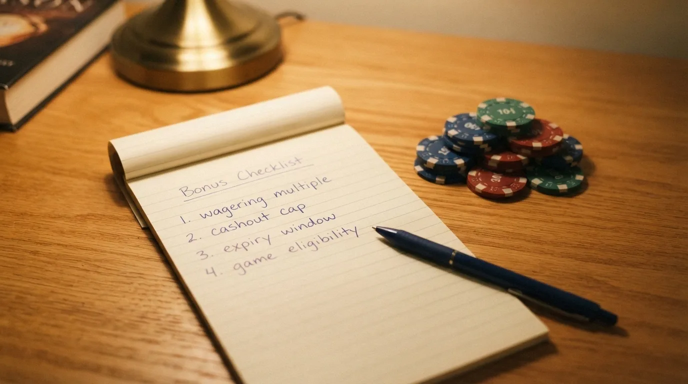 A checklist or comparison notepad with wagering, cashout cap, expiry and game eligibility written as four items