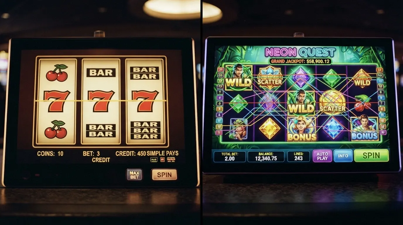 A split-frame showing a simple 3×3 pokie grid on the left and a busy five-reel video slot with dozens of paylines on the right