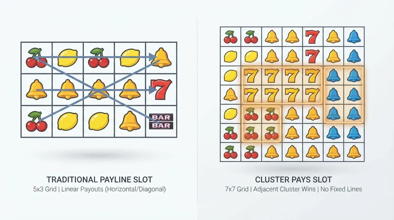 Side-by-side diagram comparing a traditional 5-by-3 payline slot with a 7-by-7 cluster-pay grid, with winning clusters highlighted