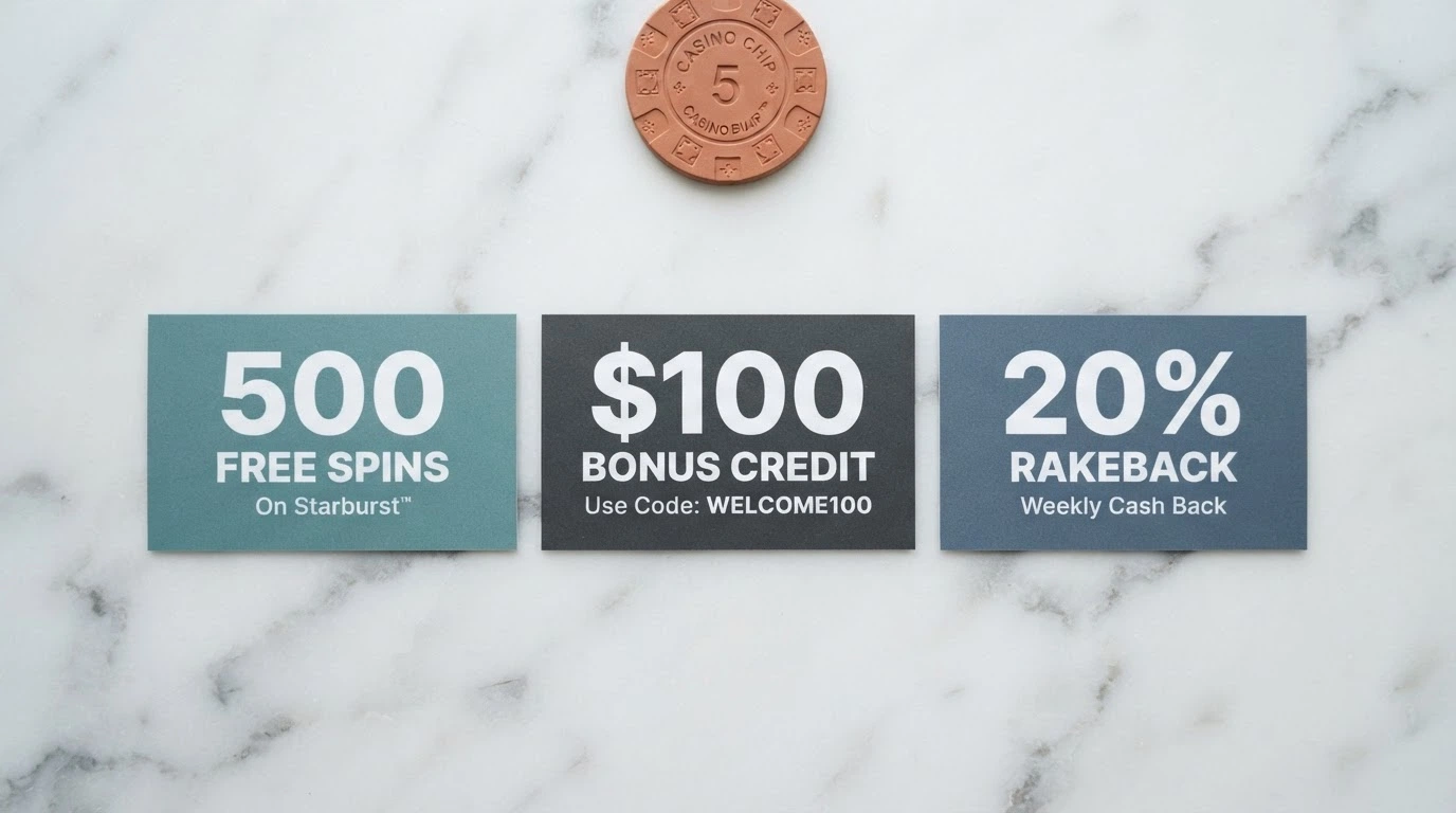 A side-by-side layout of casino bonus offer cards showing different free spin counts and bonus cash amounts