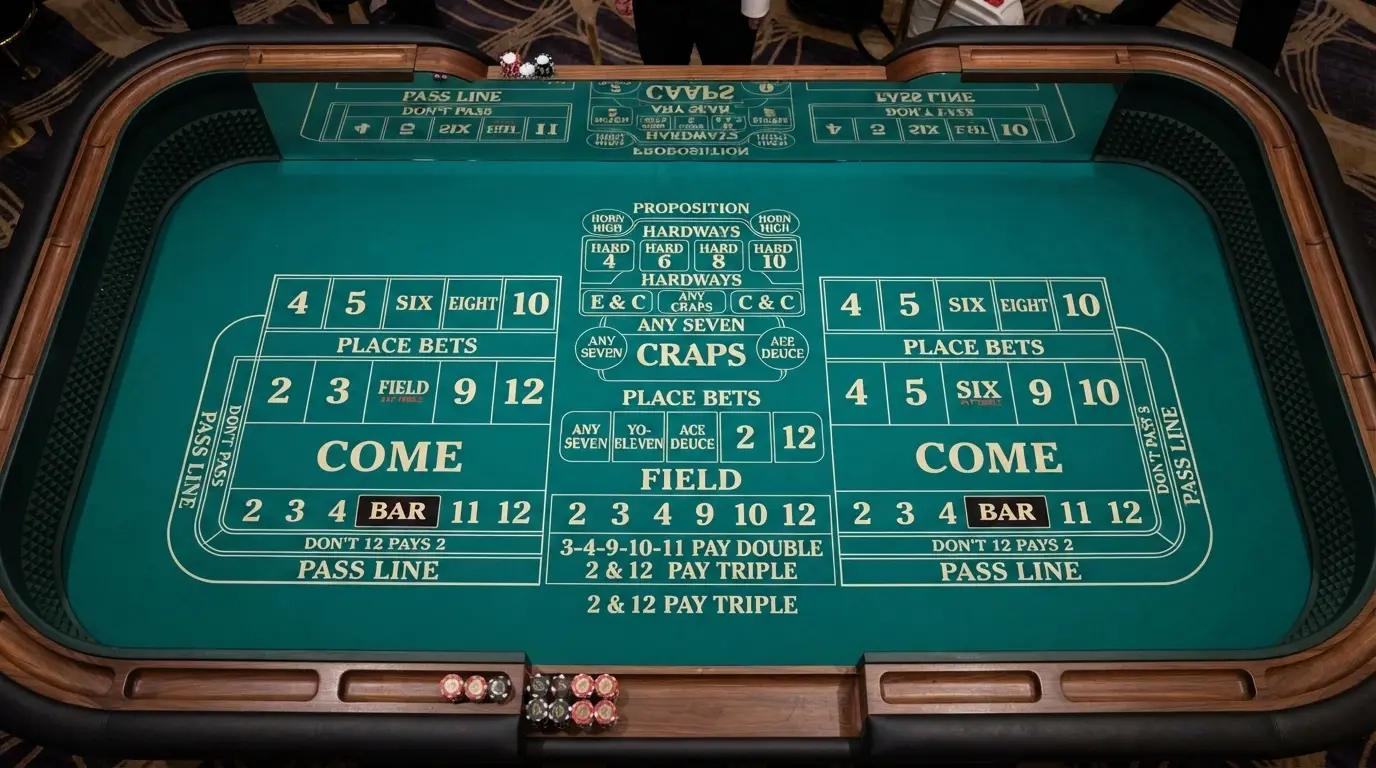 An overhead view of a craps table felt with each major betting zone labelled — pass line, don't pass bar, come, field, place numbers and the centre proposition area
