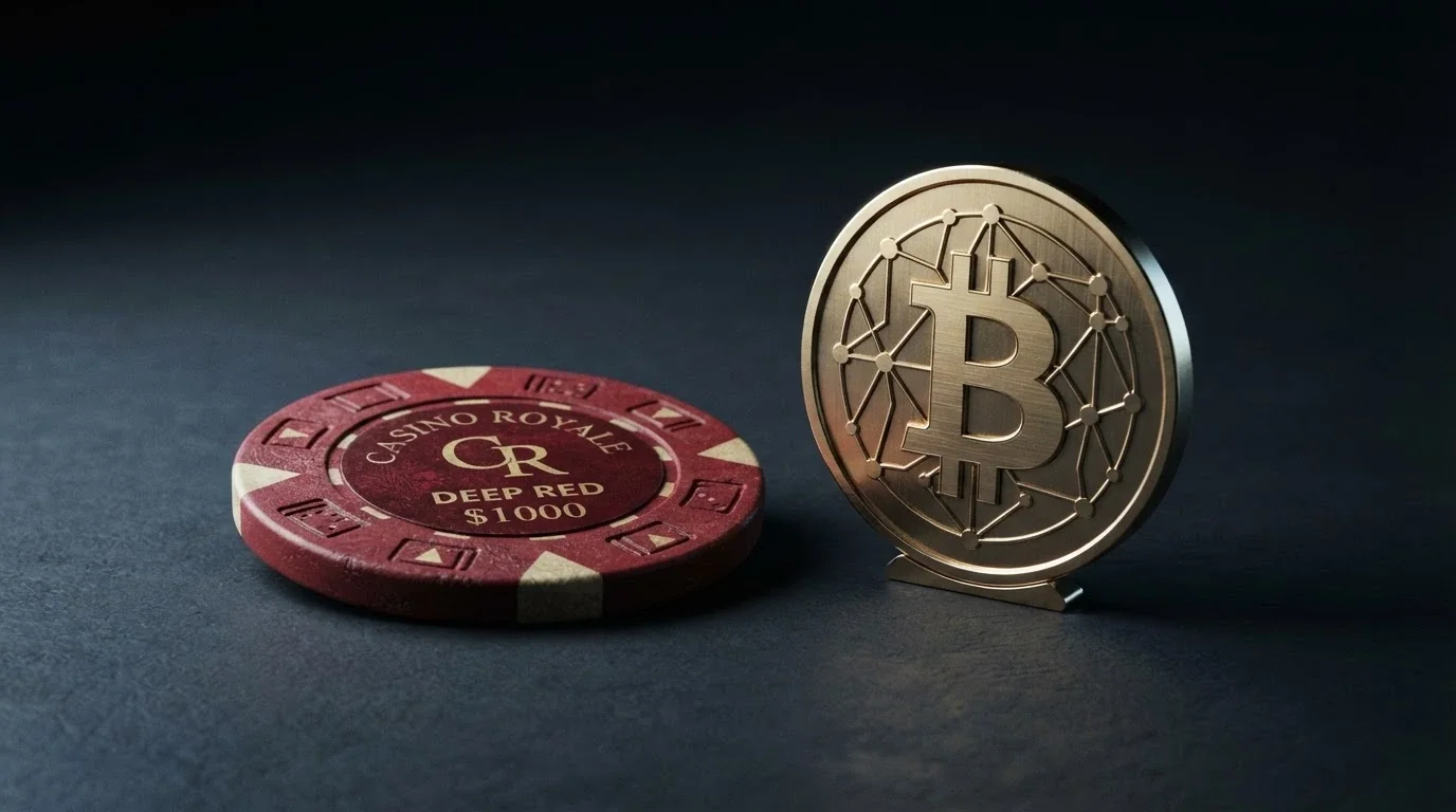 A Bitcoin symbol beside a casino bonus chip, representing a crypto-funded no-deposit offer