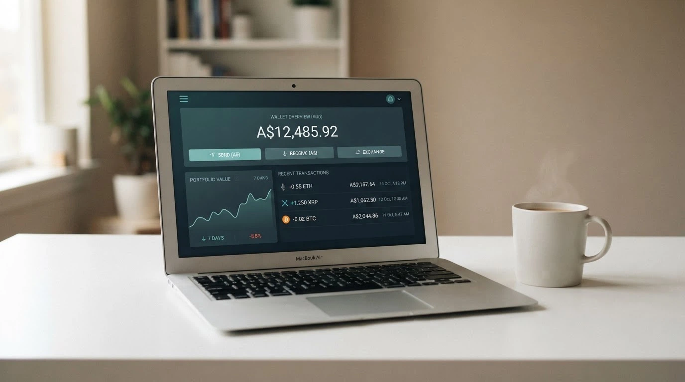 A cryptocurrency wallet interface on a laptop with casino branding faintly visible in the background