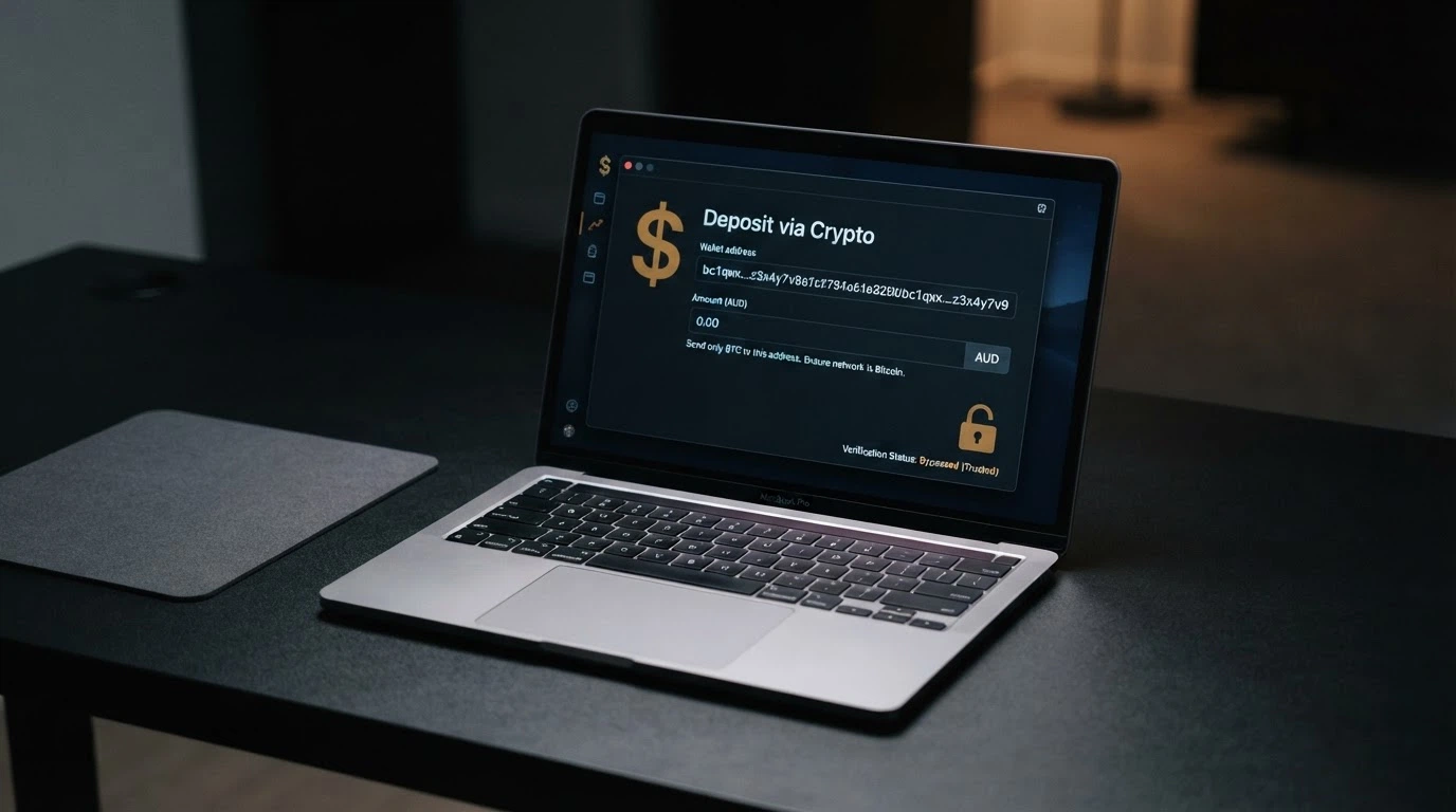 A laptop displaying a casino deposit screen with a Bitcoin wallet address field; a crossed-out ID-document icon sits in the corner.