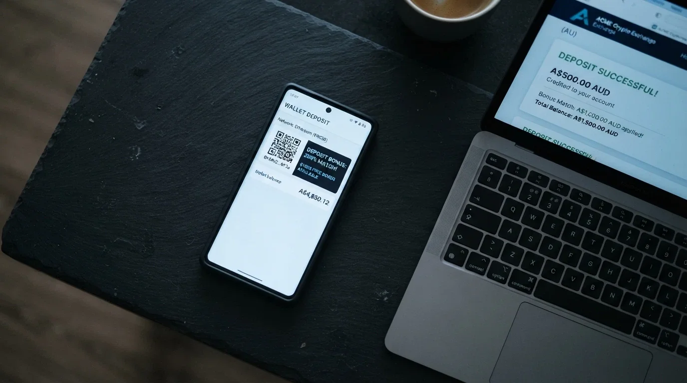 A cryptocurrency wallet interface next to an online casino deposit screen showing a Bitcoin deposit address and a bonus match percentage
