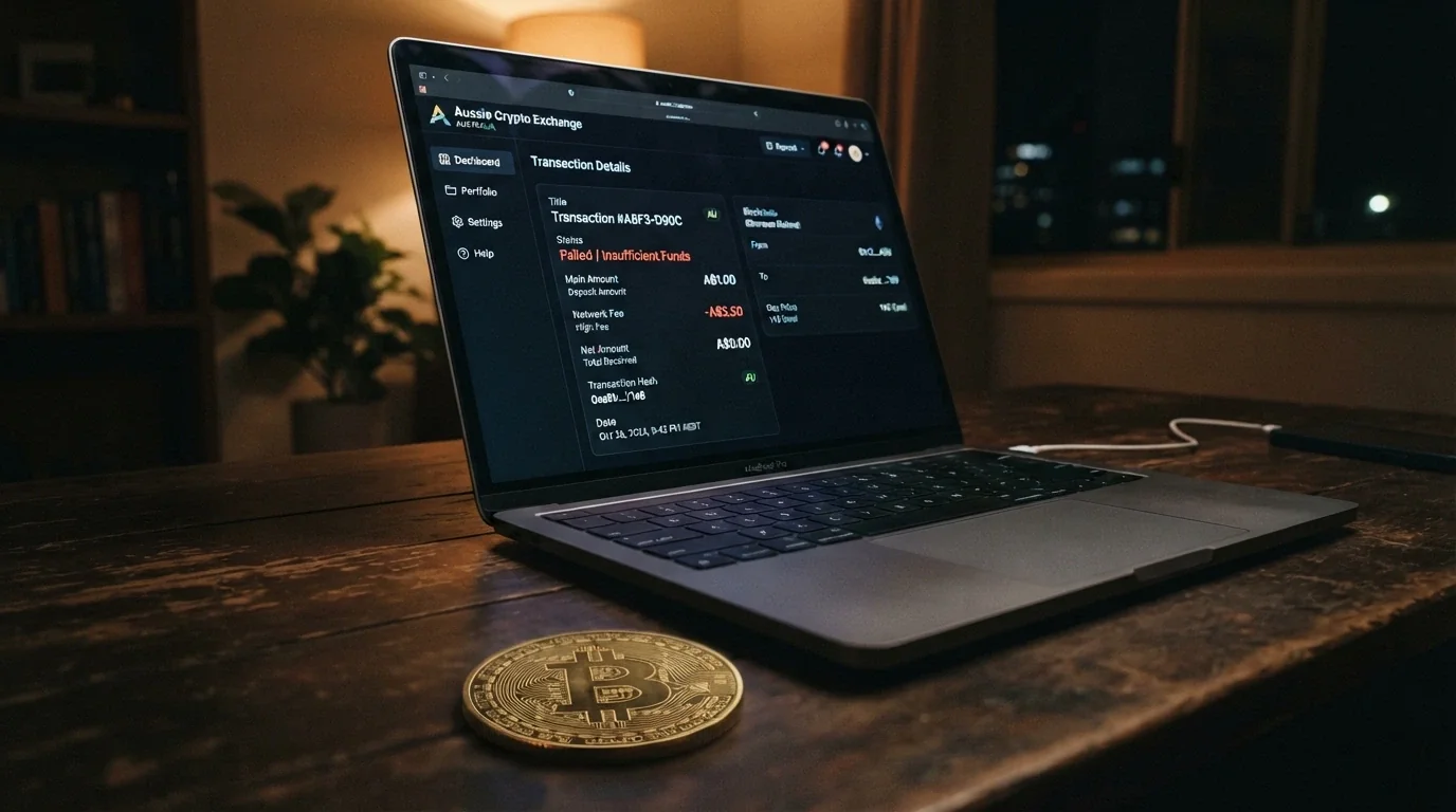 A Bitcoin transaction detail screen showing a A$1.00 deposit with a A$2.50 network fee deducted, leaving a net balance of zero