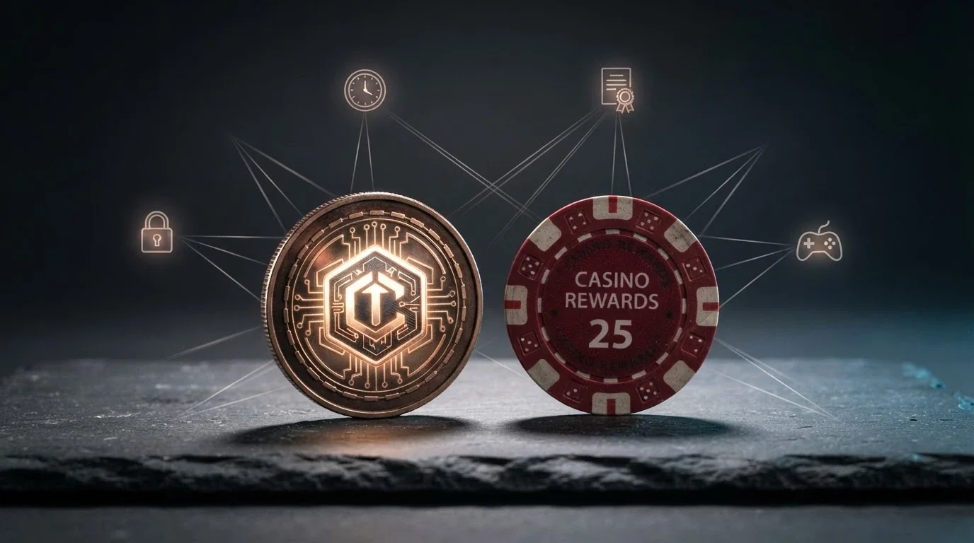 A Bitcoin symbol beside a casino bonus chip, with fine-print lines radiating outward to represent the restrictions that replace the wagering requirement