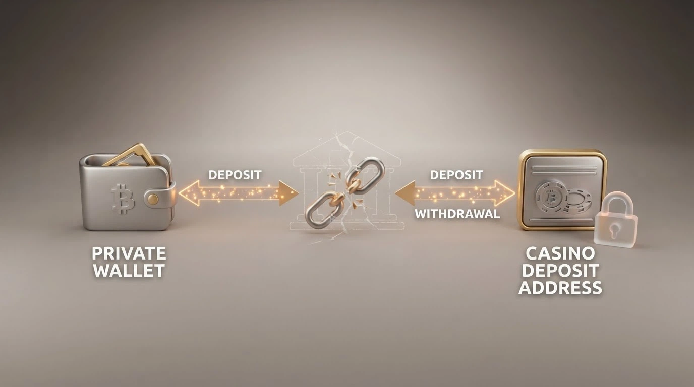 A diagram showing cryptocurrency moving from a private wallet to a casino deposit address and back to the wallet, with a bank icon crossed out in the middle