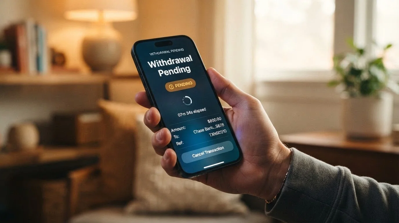 A phone screen showing a pending Bitcoin withdrawal with a timer beside it