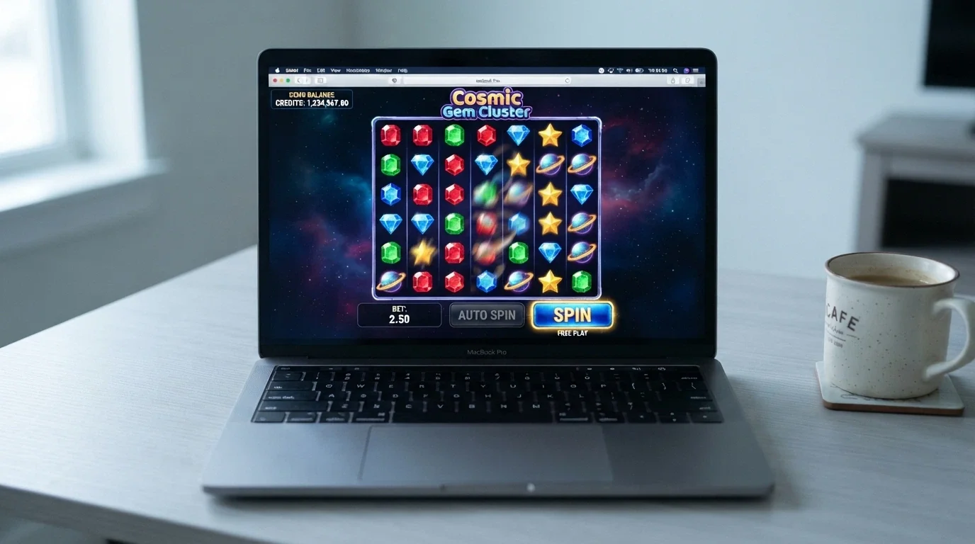 Browser window showing a 7-reel pokie in demo mode with a play-money balance displayed and no registration form visible