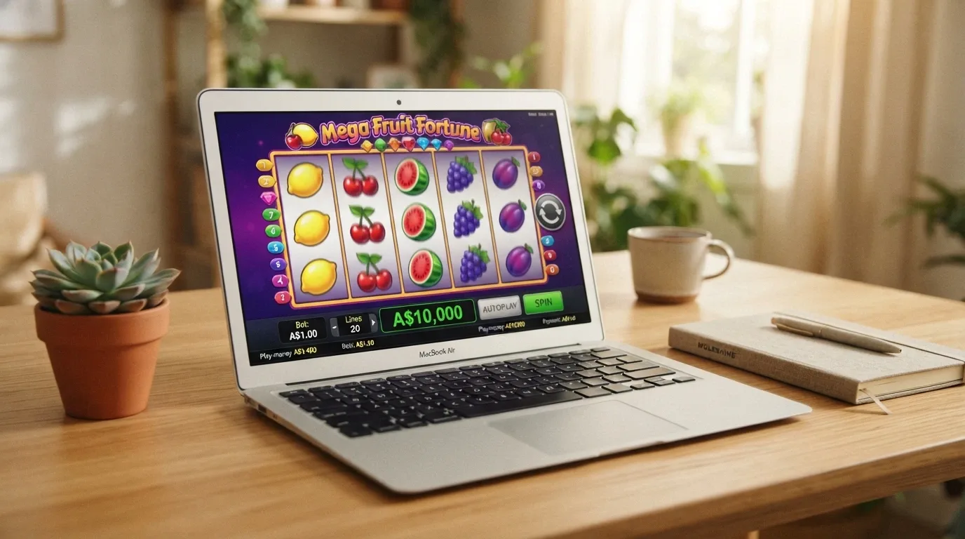 A laptop screen displaying a pokie game in demo mode, with a play-money balance figure clearly visible and no deposit button present