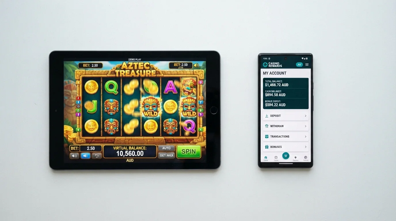 Split screen showing a free demo pokies game with virtual play-money credits on the left and a real-money no-deposit bonus balance on the right