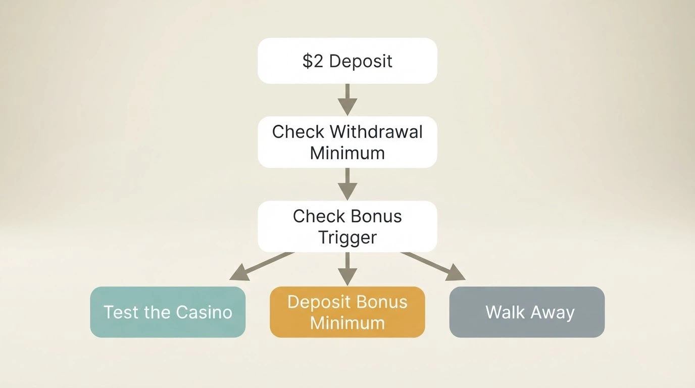 A simple decision-flow diagram: $2 deposit → check withdrawal minimum → check bonus trigger → three outcome paths (test the casino / deposit bonus minimum / walk away)