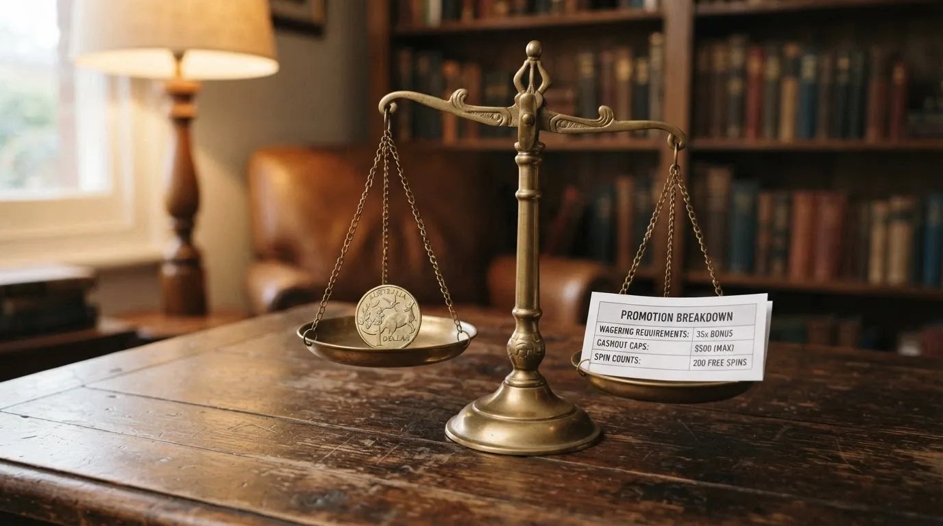 A set of balance scales with a single Australian dollar coin on one side and a printed breakdown of wagering requirements and cashout caps on the other