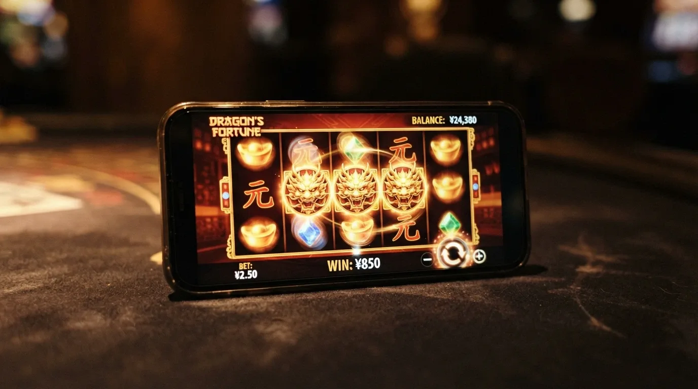 A smartphone in landscape orientation showing a Dragon Link or Lightning Link pokies title mid-spin, with the Hold & Spin feature visible on the reels