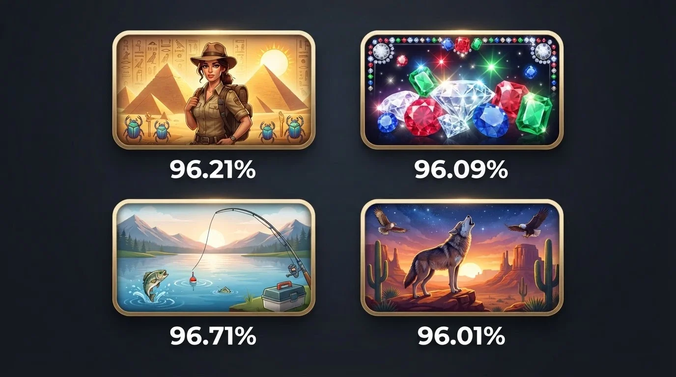 A grid of four popular eligible pokie title cards — Book of Dead, Starburst, Big Bass Bonanza and Wolf Gold — each showing its RTP percentage beneath the title