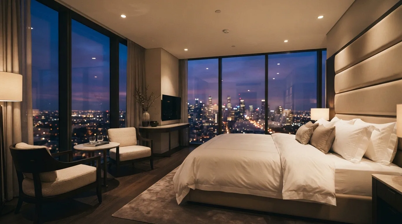 A luxury suite at Eos by SkyCity with floor-to-ceiling windows overlooking the Adelaide city skyline