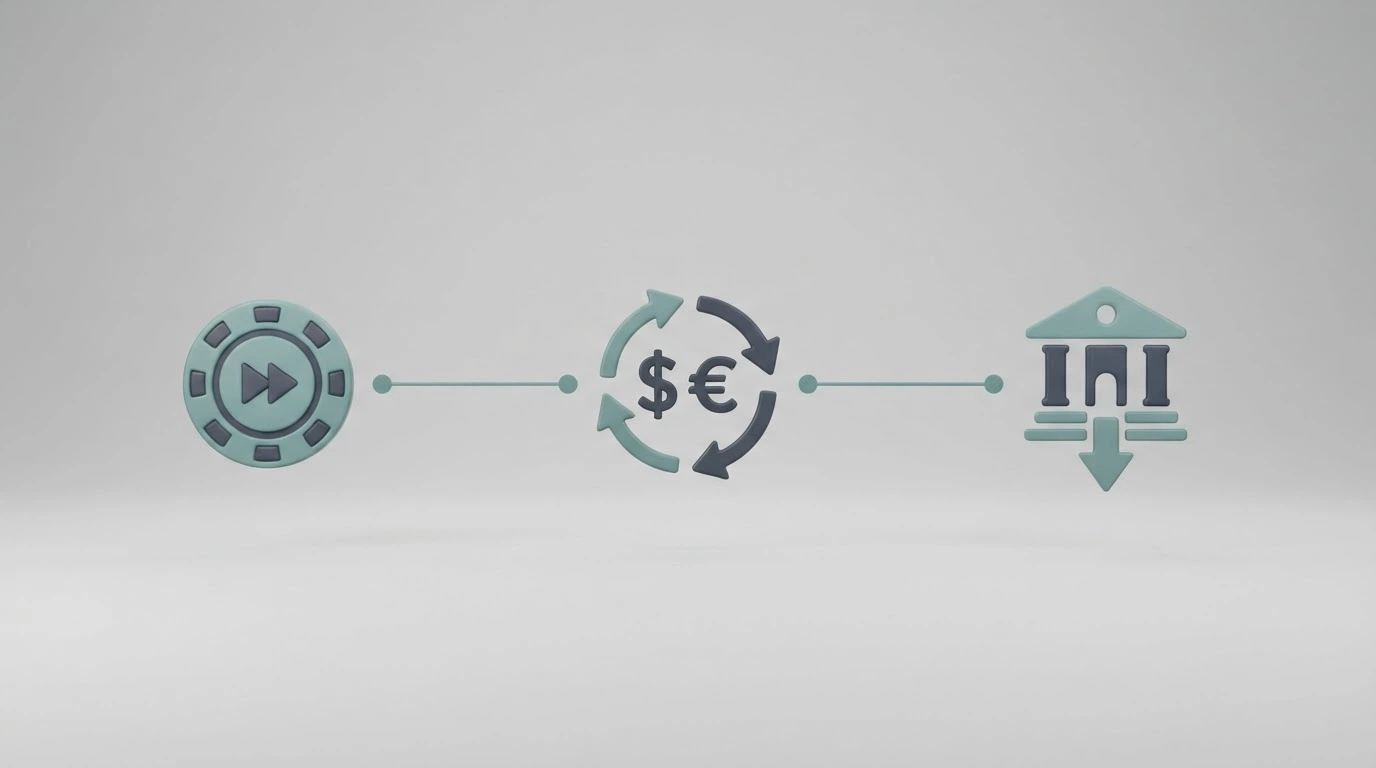 Timeline graphic showing three stages: casino processing, exchange conversion, bank transfer to AUD