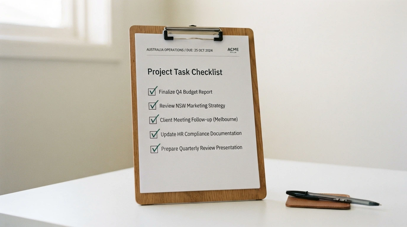 A clipboard with a five-point checklist: licence verified, KYC policy audited, AU access confirmed, bonus terms analysed, withdrawal speed measured — all items ticked