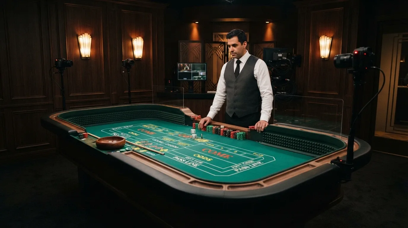 A wide shot of a live-dealer craps studio set — green felt, professional dealer in vest and tie behind the table, multiple camera angles visible, warm Speakeasy-style lighting