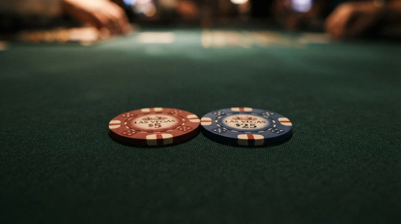 An Australian five-dollar note beside a single poker chip