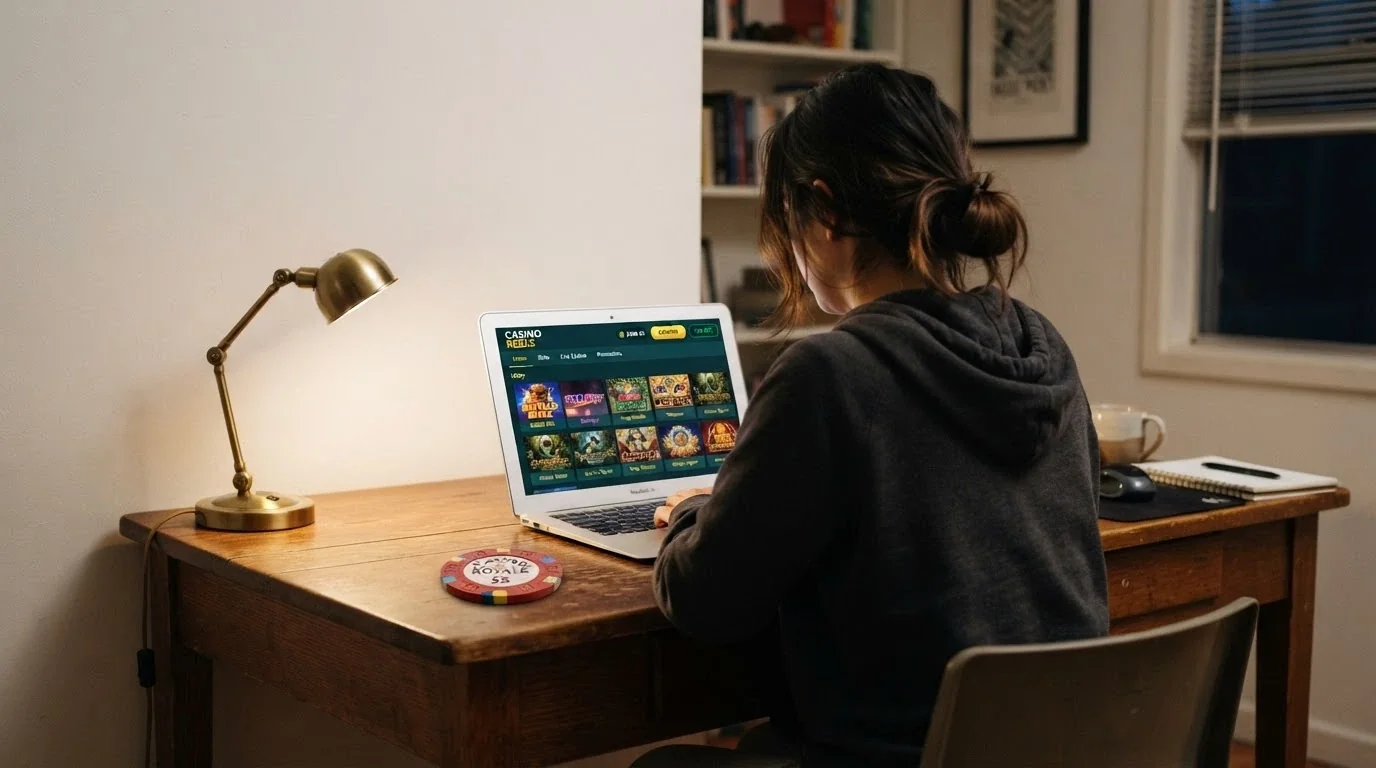 A person seated at a desk looking at a laptop screen showing pokies site options, a five-dollar note on the desk in front of them