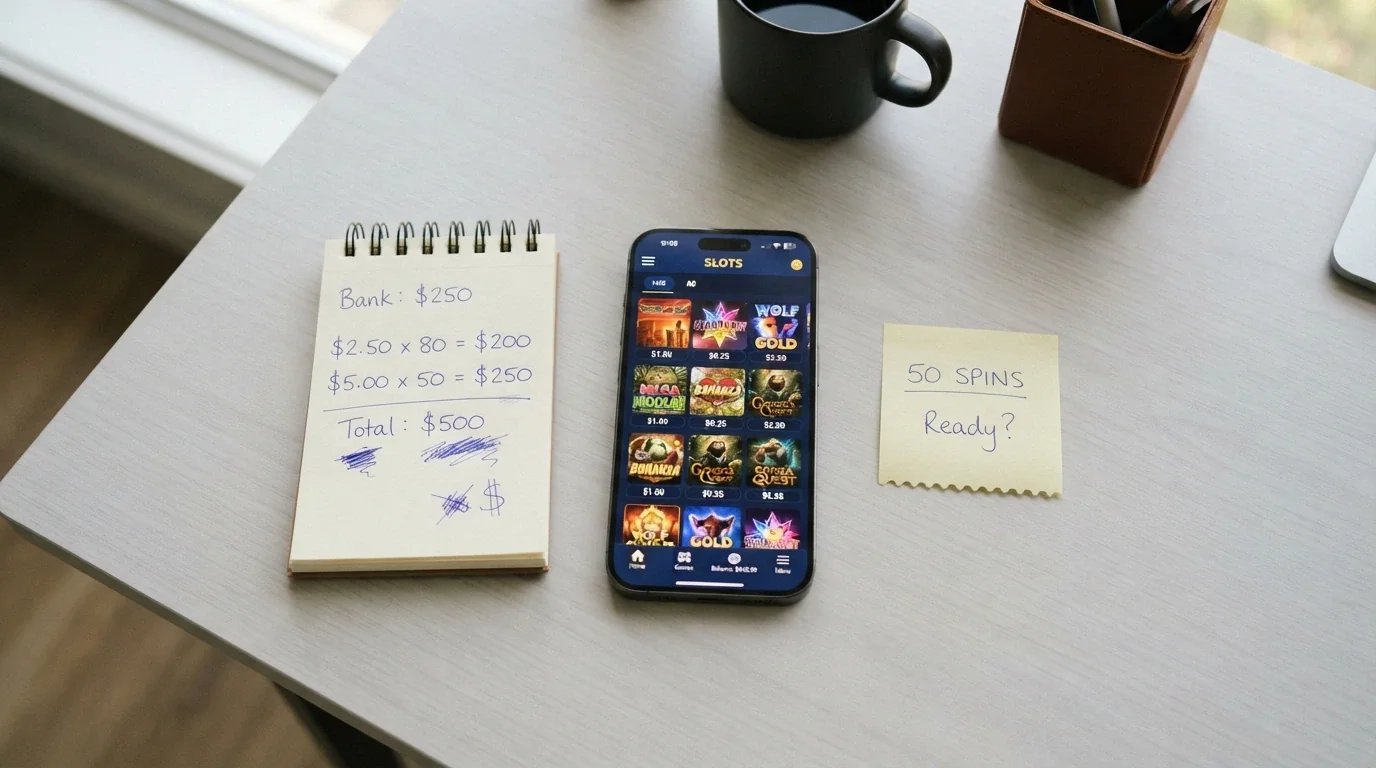 A calculator, a smartphone with a pokies lobby on screen, and a handwritten note reading 50 spins