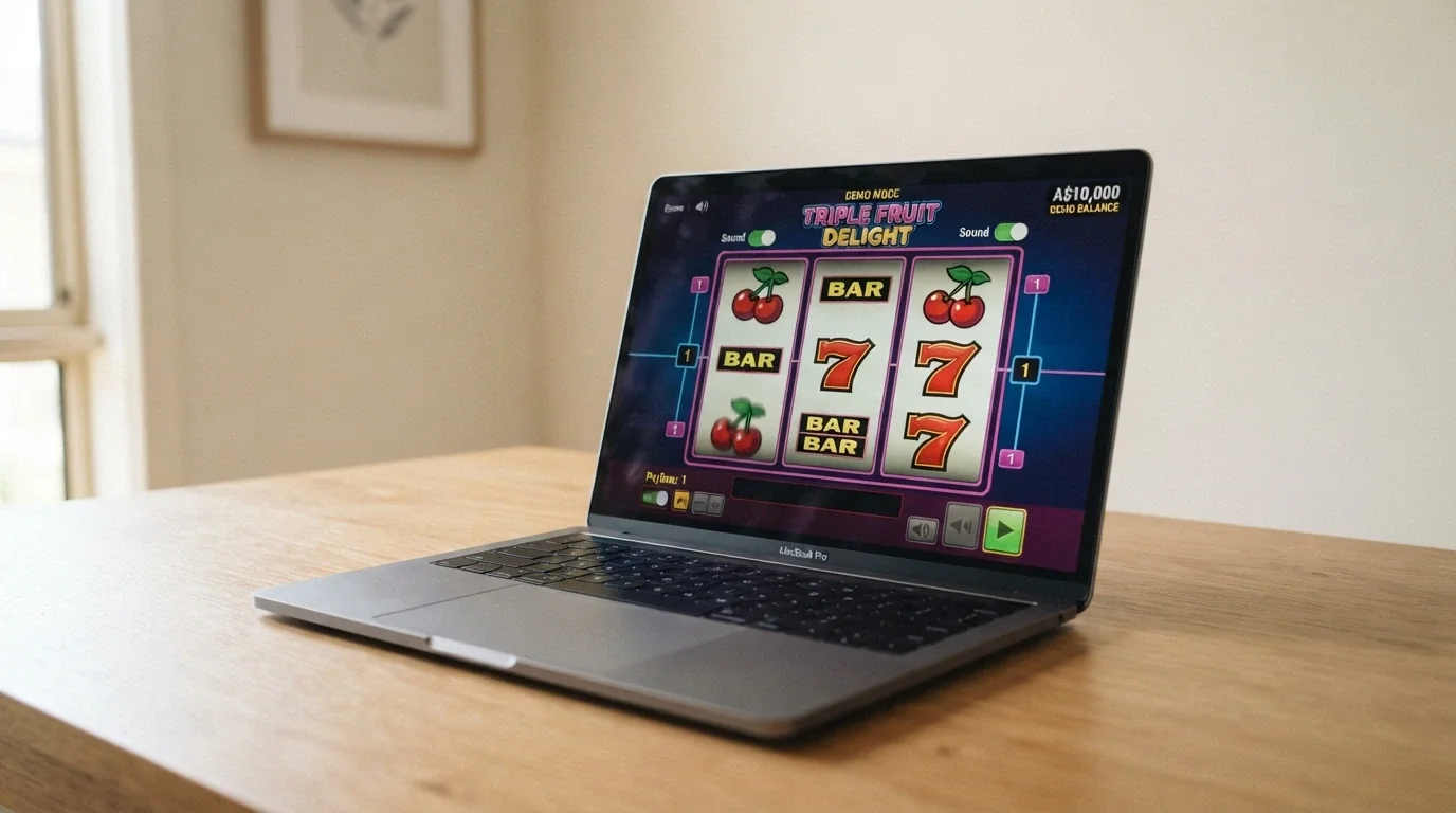 A browser window displaying a 3-reel pokie in demo mode with a play-money balance visible in the corner