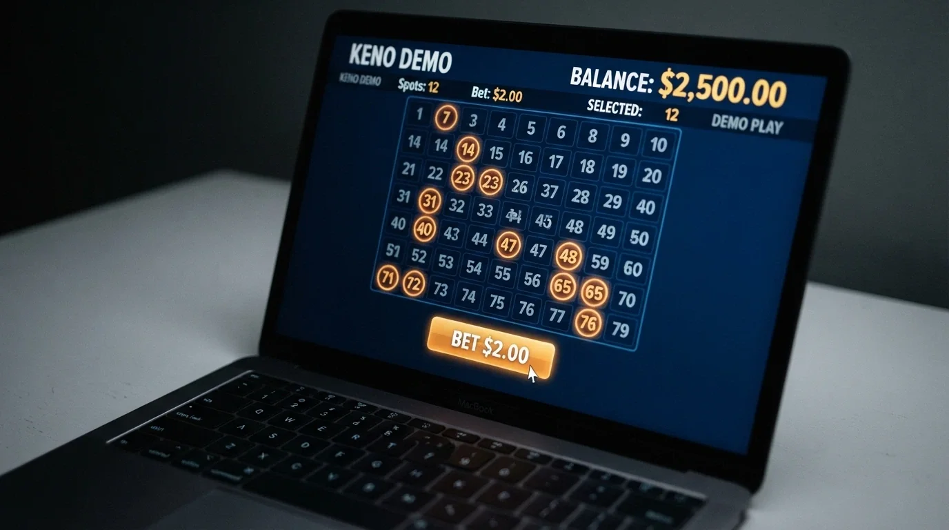 A browser window displaying a keno demo-mode screen with a play-money balance clearly visible and a cursor hovering over the Bet button