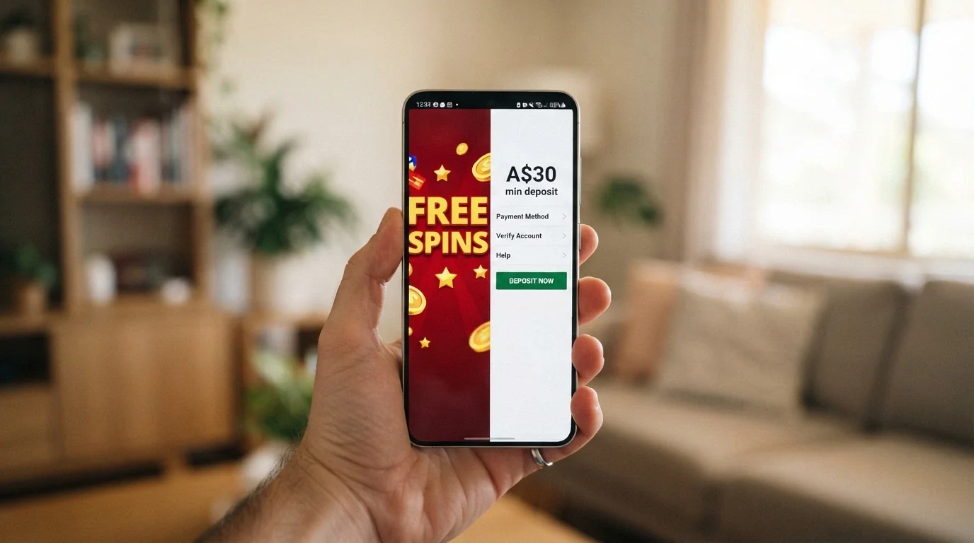 A split screen: one side shows a colourful “FREE SPINS” promotional banner on an Android phone, the other side shows the fine-print wagering terms and a A$30 minimum deposit requirement