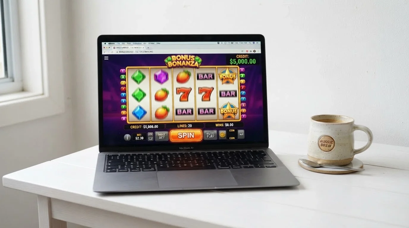 A browser window showing a 5-reel pokie in demo mode with a virtual-credit balance displayed, no login prompt visible