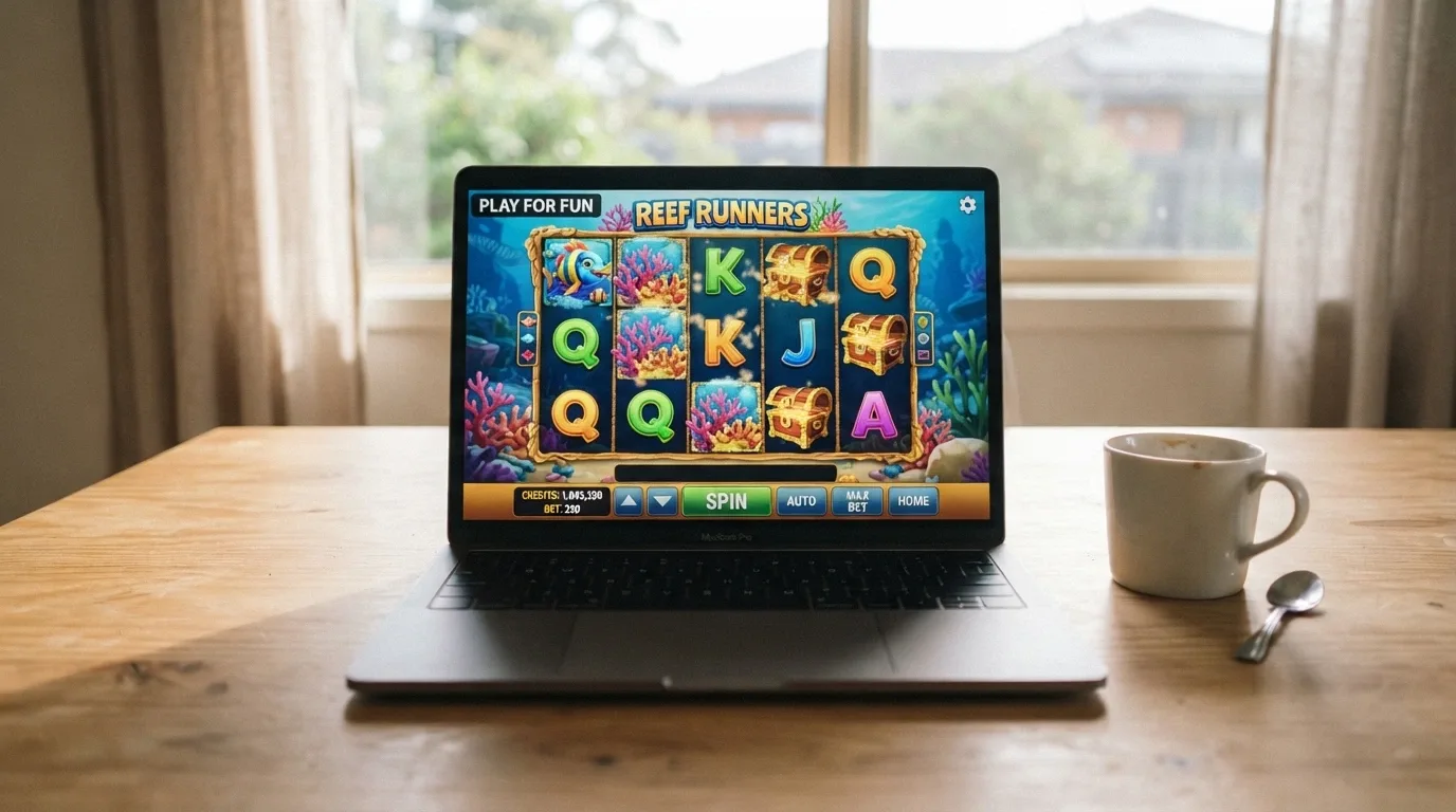A laptop screen displaying a pokie in mid-spin with “PLAY FOR FUN” visible in the corner and a balance counter showing play-money credits
