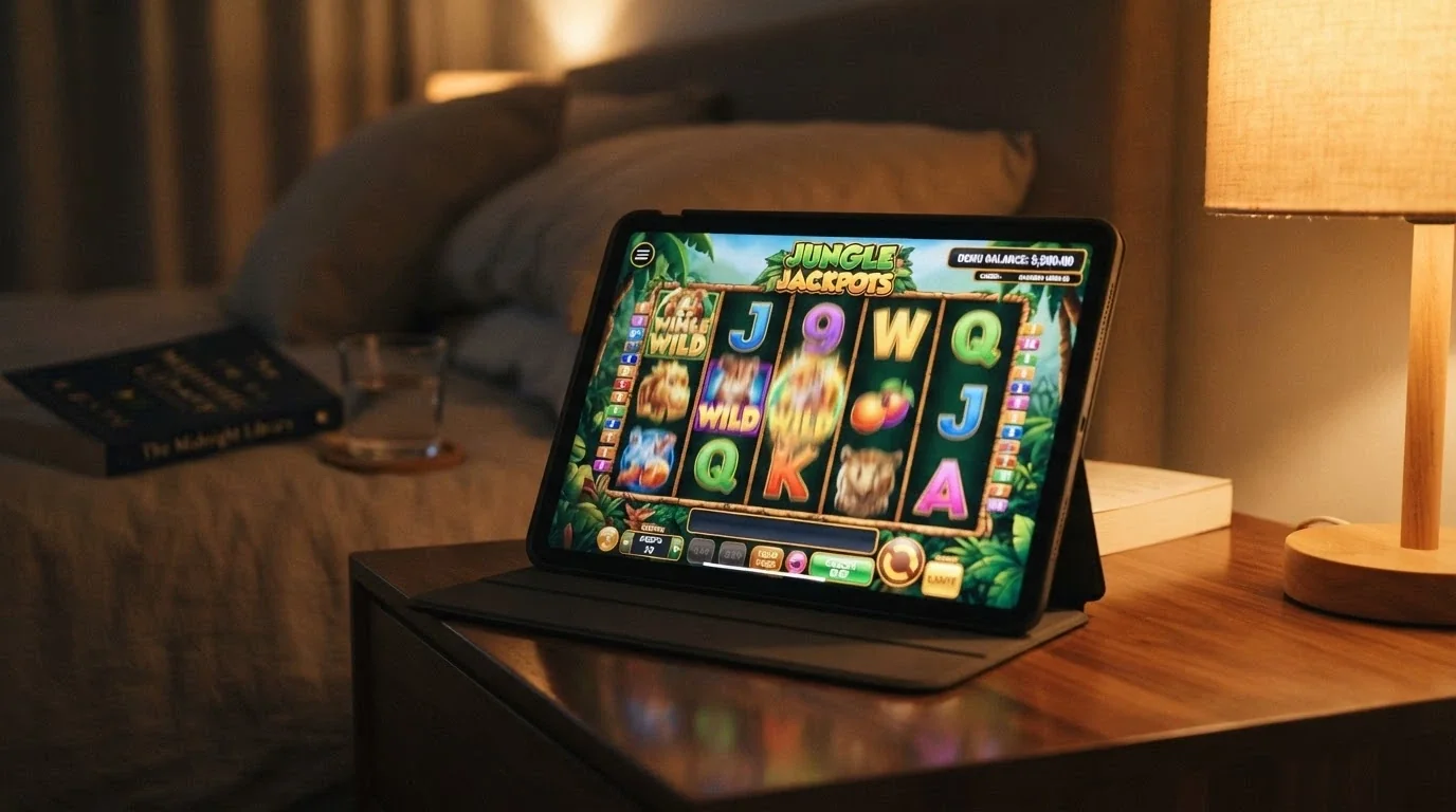 An iPad running a colourful pokie in demo mode with a play-money balance counter visible in the corner