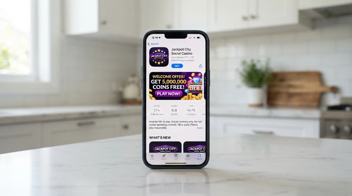 iPhone showing the Australian App Store listing for a social casino app with virtual-coin welcome offer and the “does not offer real money gambling” disclaimer