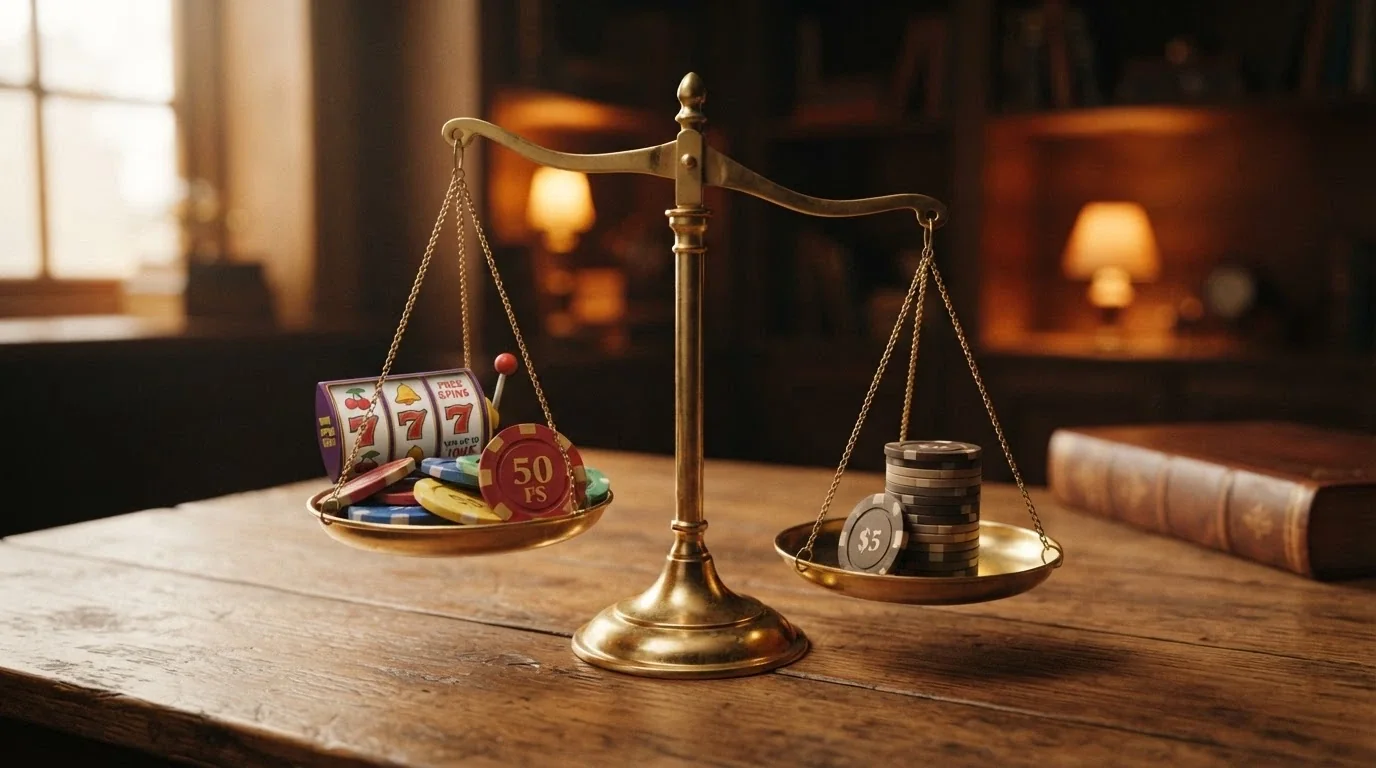 A balanced scale with pokie reels and a “50 FS” chip on one side and a small stack of dollar coins labelled “~A$1–A$5 expected value” on the other