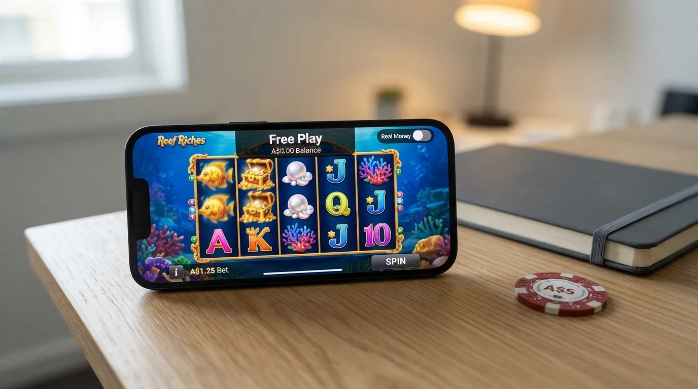 A smartphone showing a slot game in demo mode with a “Free Play — A$0.00 Balance” overlay and a small “Real Money” toggle switch