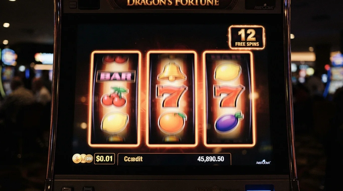 Close-up of pokies reels mid-spin with a free-spins counter visible in the corner