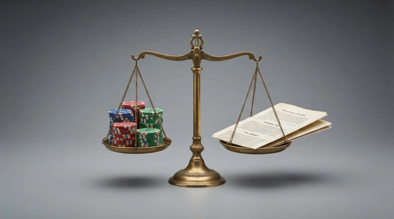 A balanced set of old-fashioned brass scales with casino chips on one side and a printed consumer-rights document on the other, neutral studio light