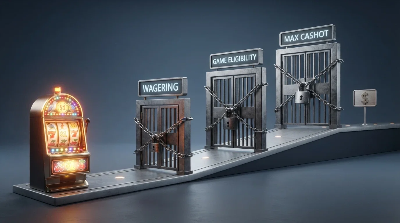 Three ascending barriers drawn as locked gates on a path from a pokie reel to a dollar sign, each gate labelled with a term: Wagering, Game Eligibility, Max Cashout