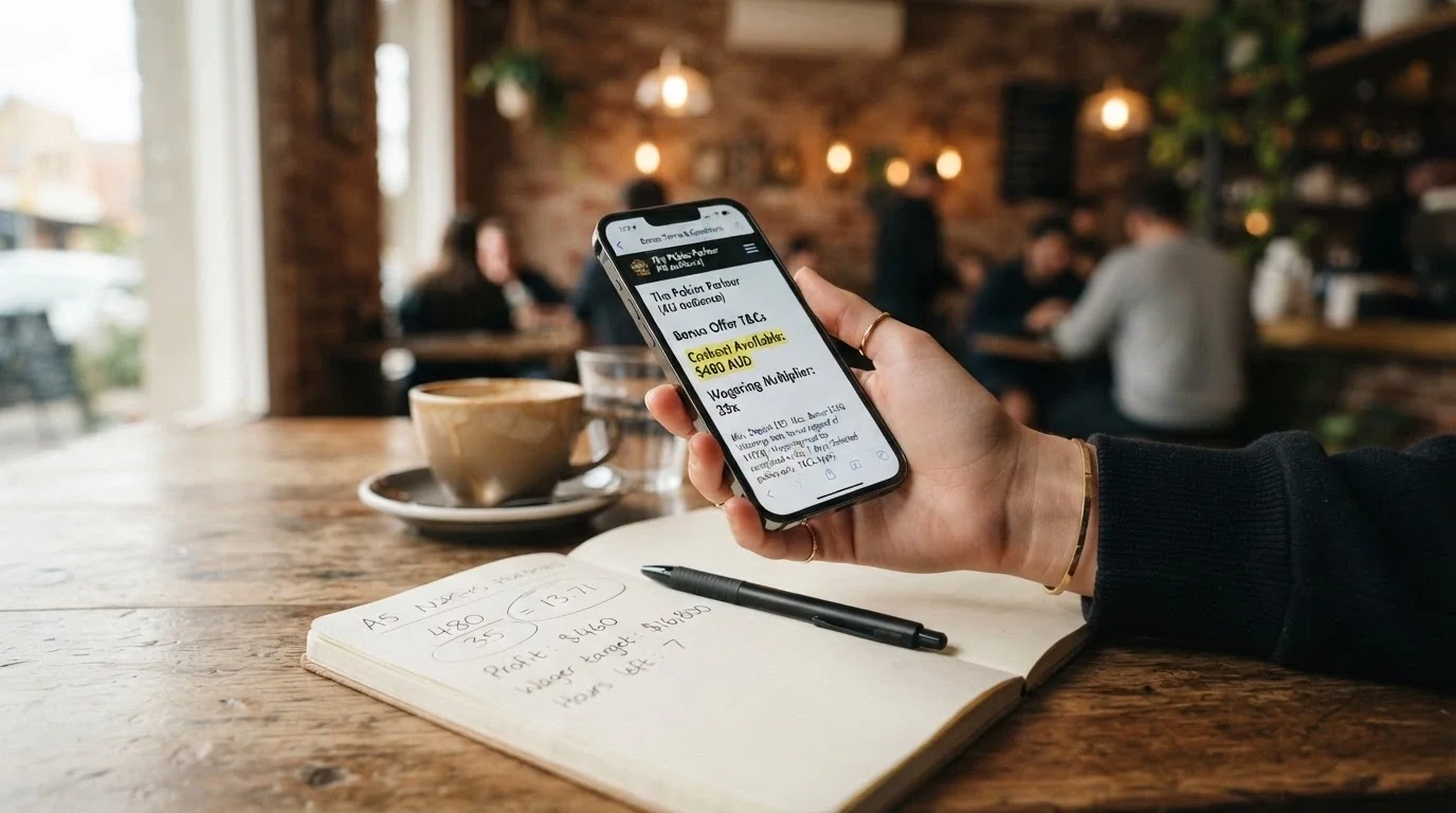 A pair of hands holding a smartphone over a café table, the screen showing a casino bonus terms page, with a notebook and pen alongside showing handwritten figures
