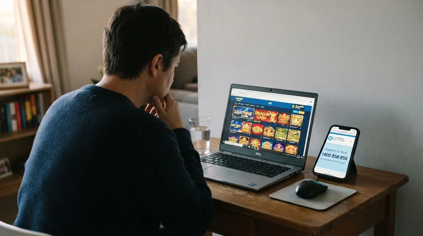 A concerned adult sitting at a desk with a laptop open to a pokies site, a phone beside them showing the Gambling Help Online homepage, the contrast deliberate