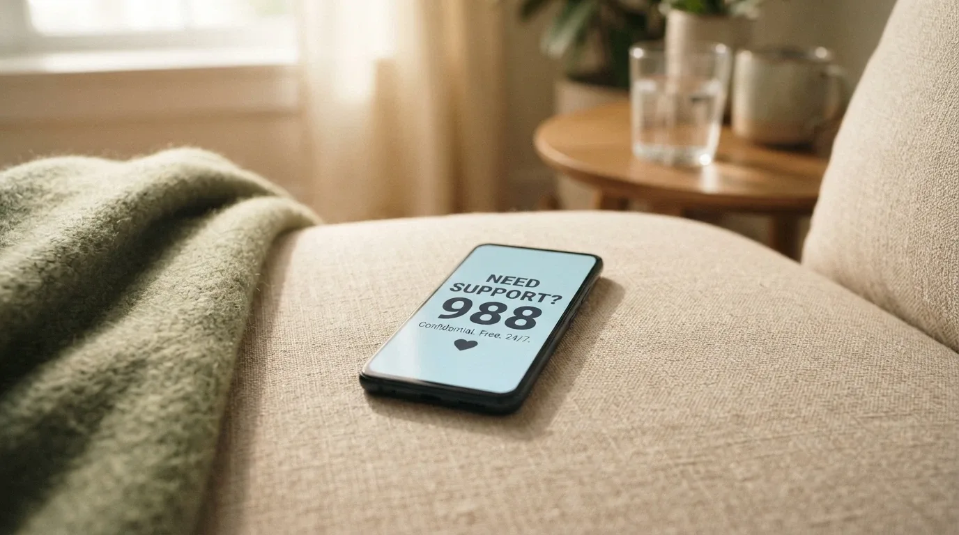 A helpline phone screen showing 1800 858 858 with Gambling Help Online branding, calm and supportive tone