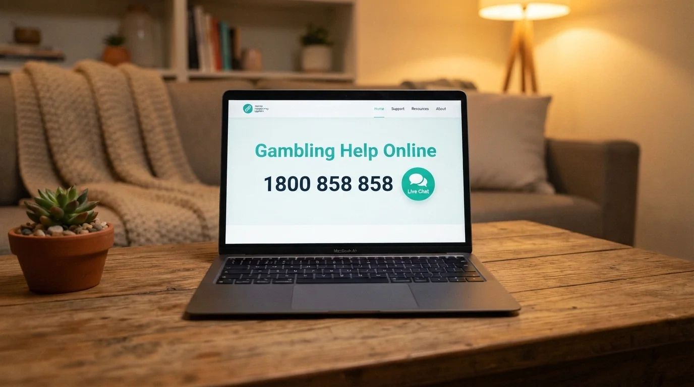 A laptop displaying the Gambling Help Online homepage with the 1800 858 858 helpline number and a live-chat button prominent