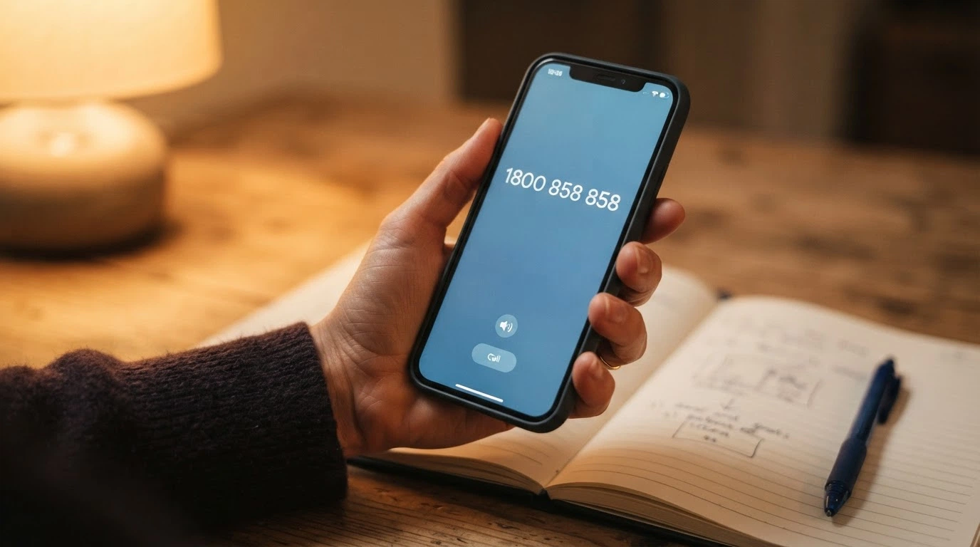 A close-up of a hand holding a phone with 1800 858 858 on the screen, a notebook and pen beside it, warm domestic lighting