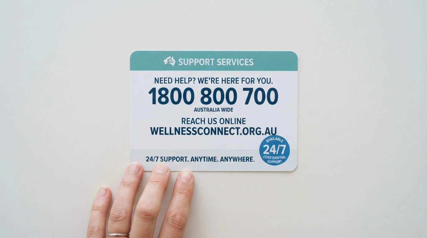 A support-services information card showing the 1800 858 858 number, Gambling Help Online URL and 24/7 availability badge