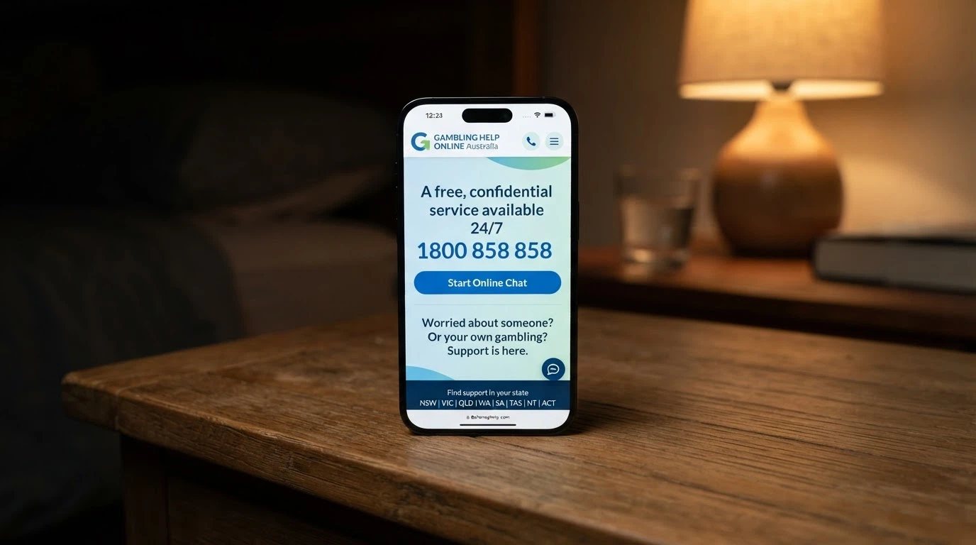 iPhone showing the Gambling Help Online homepage with the 1800 858 858 number and online chat button visible