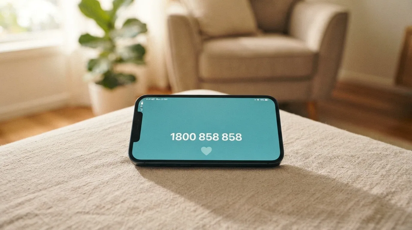 A phone displaying the number 1800 858 858 on screen with the Gambling Help Online logo visible, warm and supportive tone