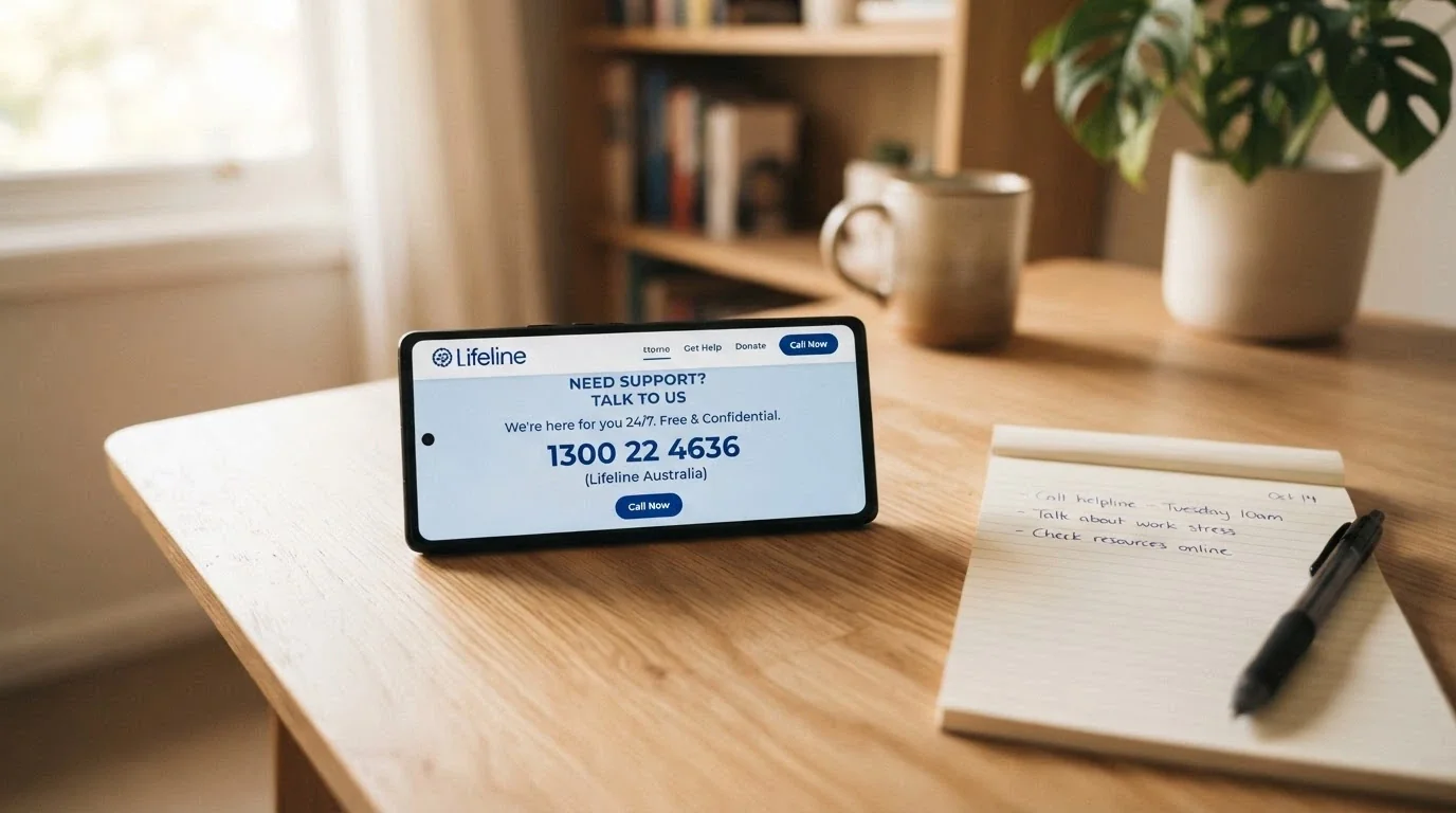 A mobile phone screen displaying the Gambling Help Online homepage with the 1800 858 858 number prominent, resting on a desk next to a notepad