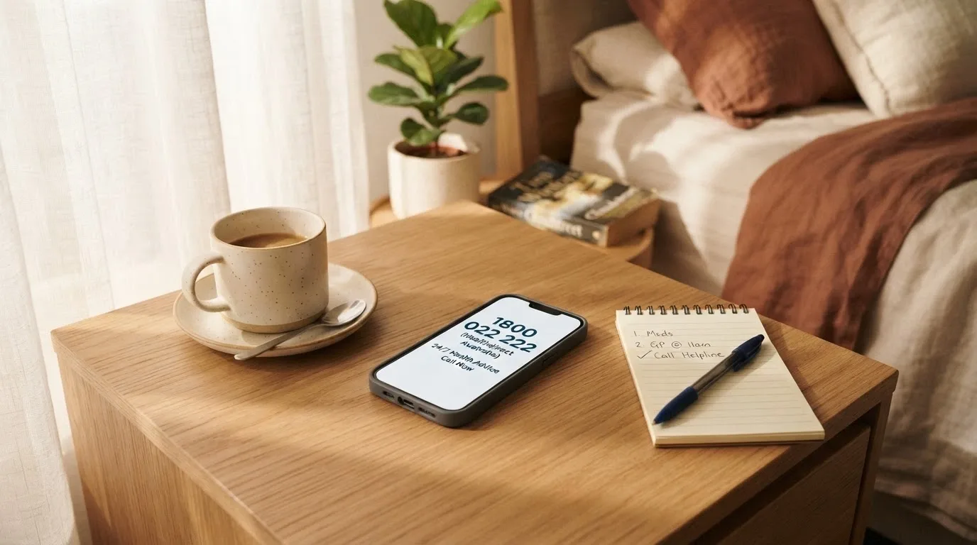 A phone with the number 1800 858 858 on screen, beside a cup of coffee and a notepad — calm, supportive, not alarmist