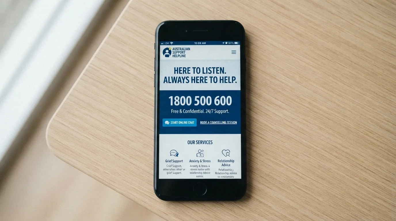 A close-up of a smartphone screen showing the Gambling Help Online homepage with the 1800 858 858 helpline number prominent